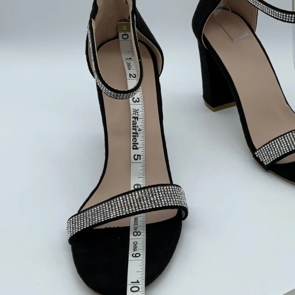 Black Faux suede heels with sparkle detail ankle strap back gold zipper closure